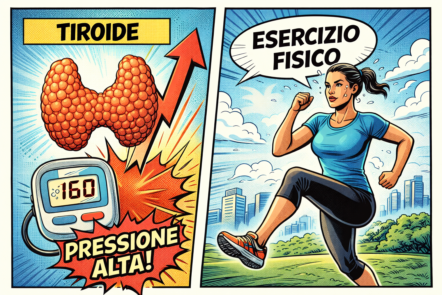 Thyroid pressure and exercise benefits Thyroid illustration with high blood pressure reading 160; woman exercising with speech bubble saying esercizio fisico