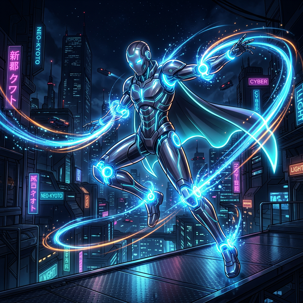 Cybernetic humanoid figure with glowing blue circuitry and cape in neon-lit futuristic city